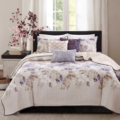 6 Piece Printed Quilt Set with Throw Pillows Taupe Full Queen