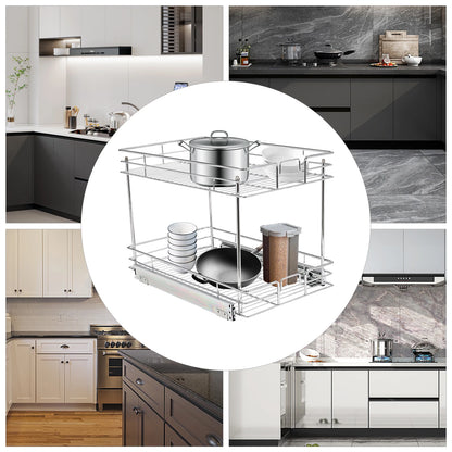 2-Tier Silver Cabinet Pull Out Shelves, Organizer Storage