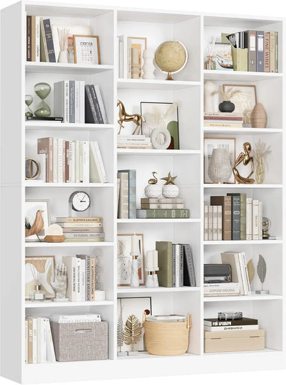 Triple Wide Bookshelf, 6 Tier Large Bookshelf, Bookcase with 17 Open Display Shelves, 74'' Tall Bookcases, Customized