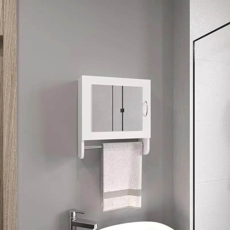 White Medicine Cabinet with Towel Rack, One Door and Two Shelves for Bathroom Storage