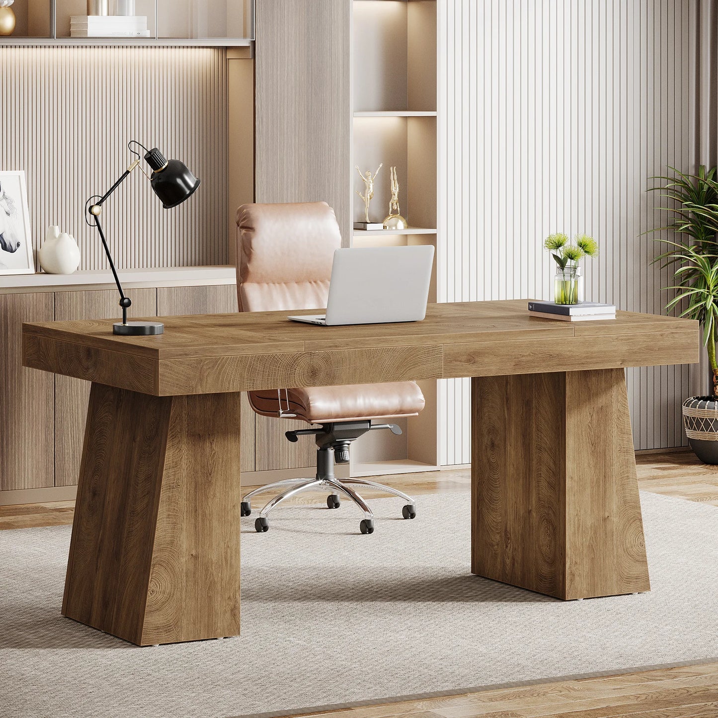 Executive Desk, Large Wood Office Computer Desk with Double Pedestal, Modern Minimalist Workstations