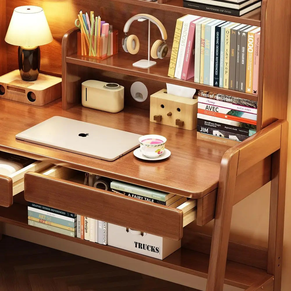 Desk and Chair Set Wooden Children's Learning Table and Chair with Hutch and Two Drawers