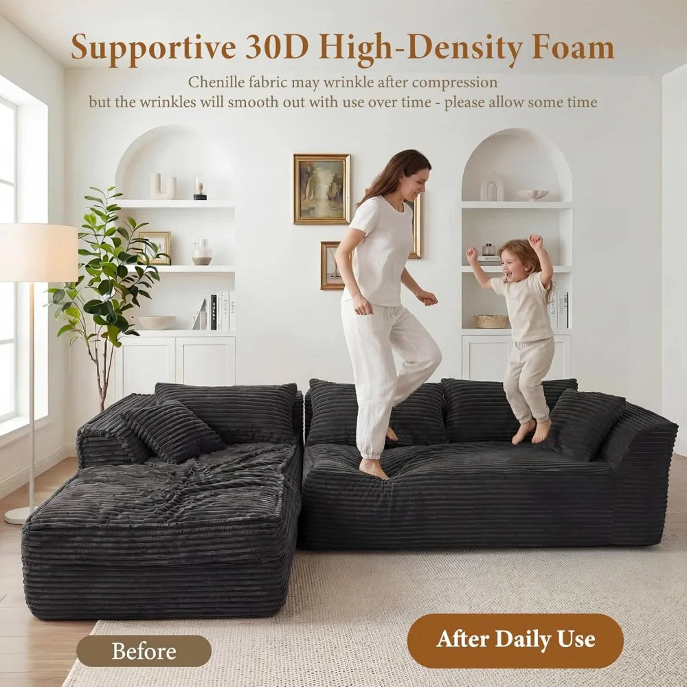 Boneless Couch with Chaise, Deep Seat Comfy Cloud Modular Sofa Corduroy Memory Foam Sectional Couches