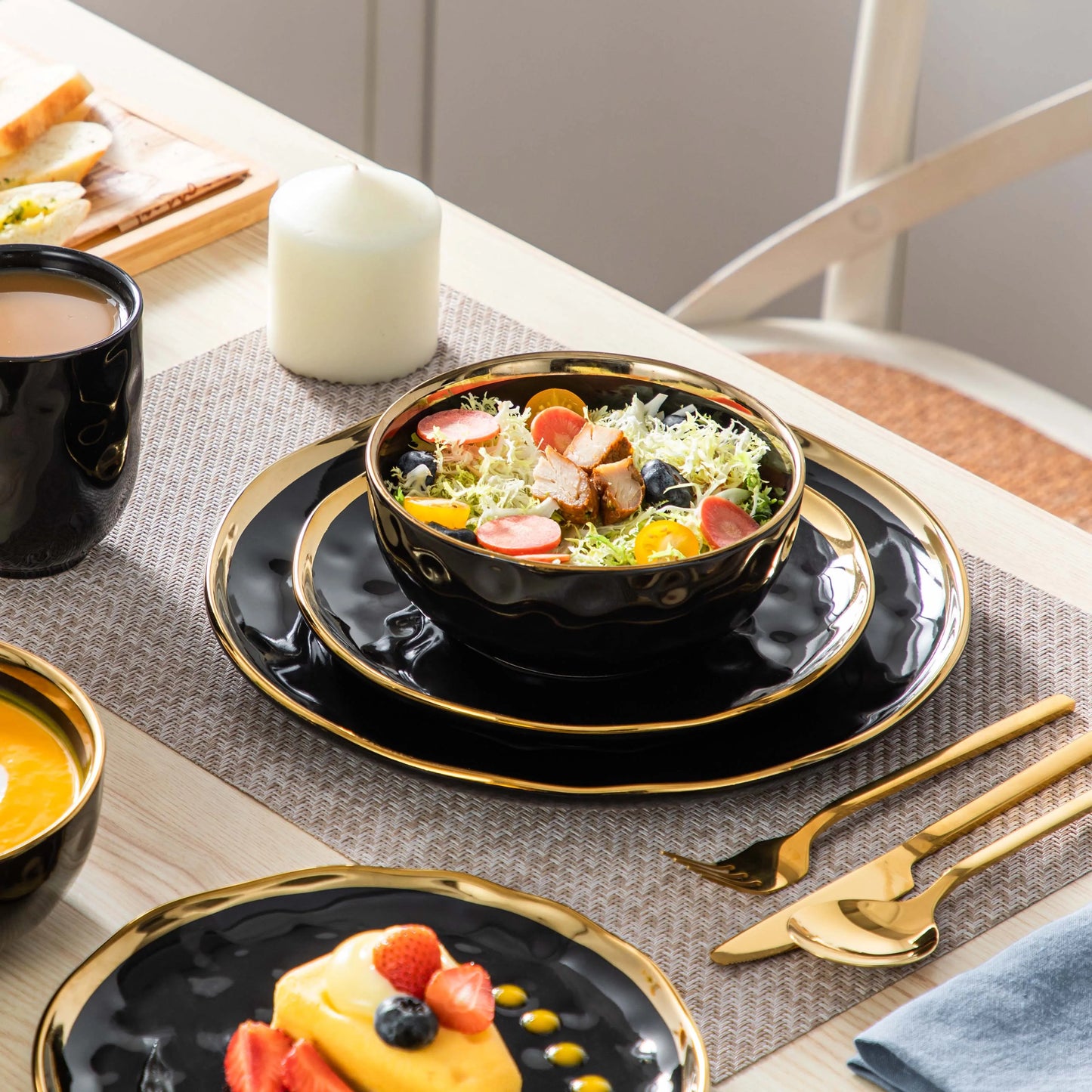 Black Porcelain Dinnerware Set with Gold Trim Dessert Plate, Dinner Plate, Cup, Bowl Tableware Set