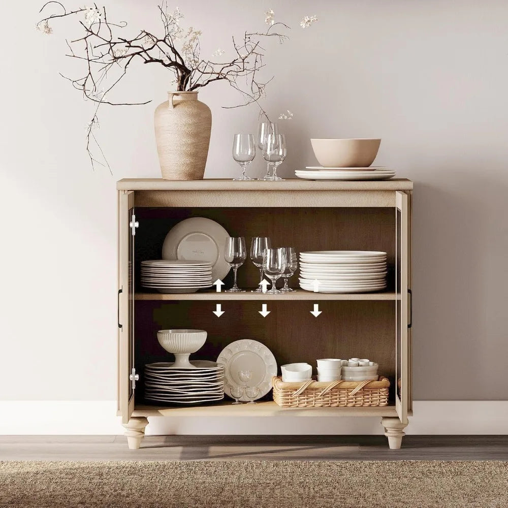 Tableware cabinet with glass doors, buffet cabinet, wooden coffee bar table with adjustable shelves, and 2 drawer cabinets
