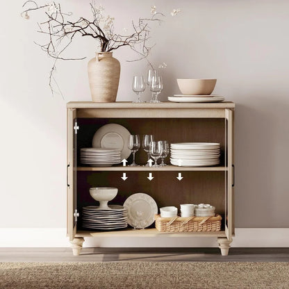 Tableware cabinet with glass doors, buffet cabinet, wooden coffee bar table with adjustable shelves, and 2 drawer cabinets