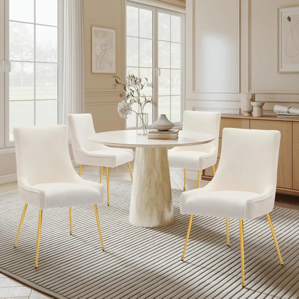 Velvet Dining Chairs Set of 4, Modern Upholstered Kitchen Chair with Pull Handle & Pleated Back, Mid Century Accent