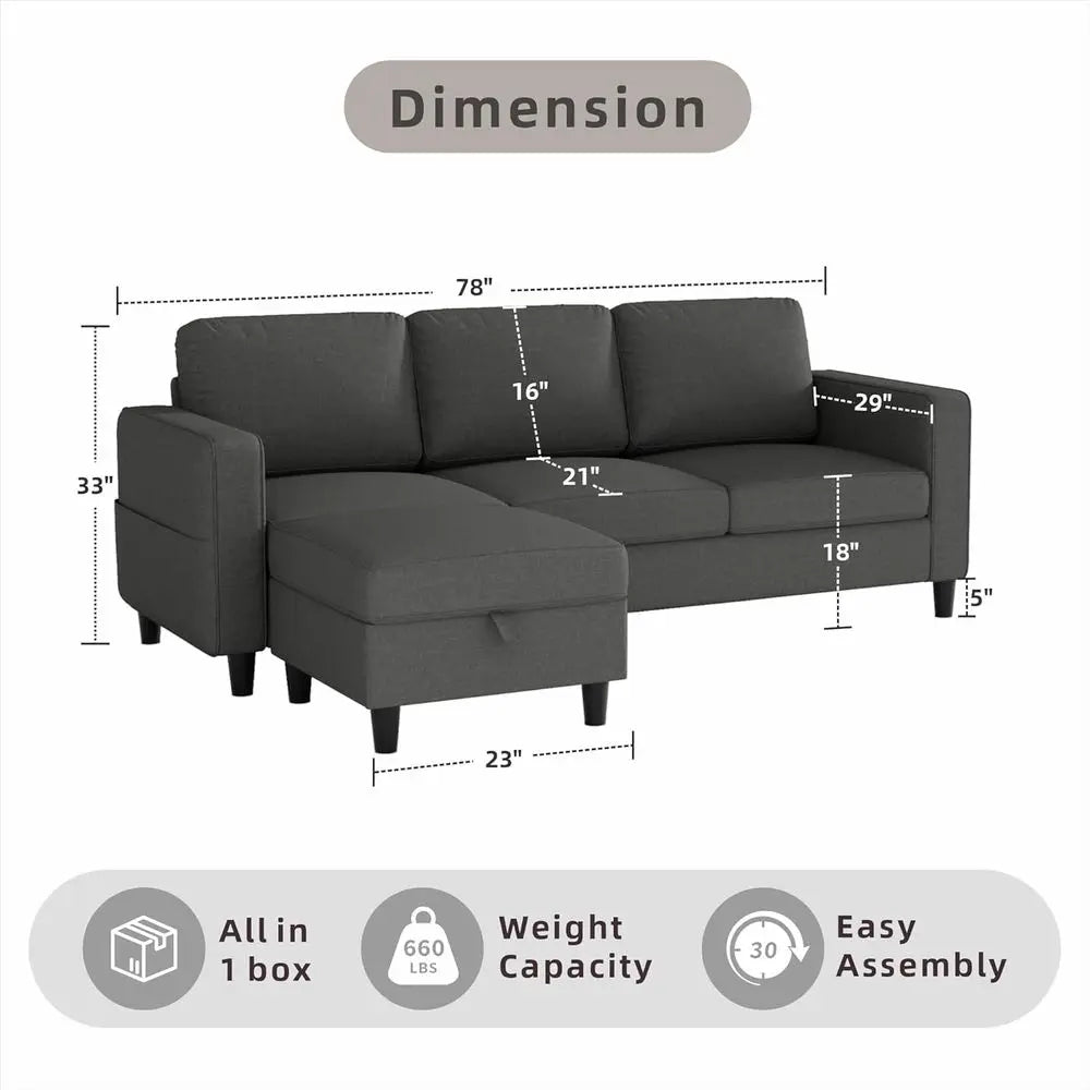 Sectional Sofa Couch 3 Seat L-Shaped Couch with Storage Ottoman
