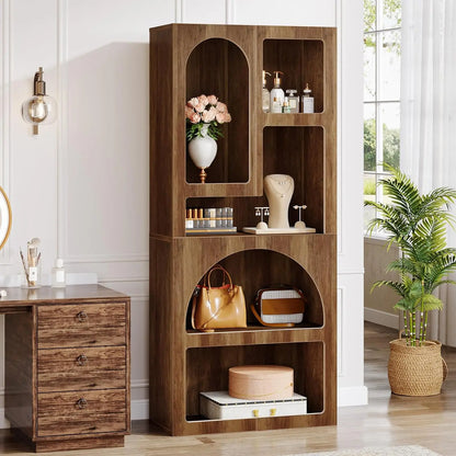 Tall Geometric Bookshelf, White Arched Bookcase with 5 Irregular Storage Shelves,Free-Standing for Living Room, Bedroom