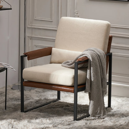Single Iron Frame Chair Soft Cover Beige Brown Honeycomb Leather Armrest Frame Indoor Leisure Chair