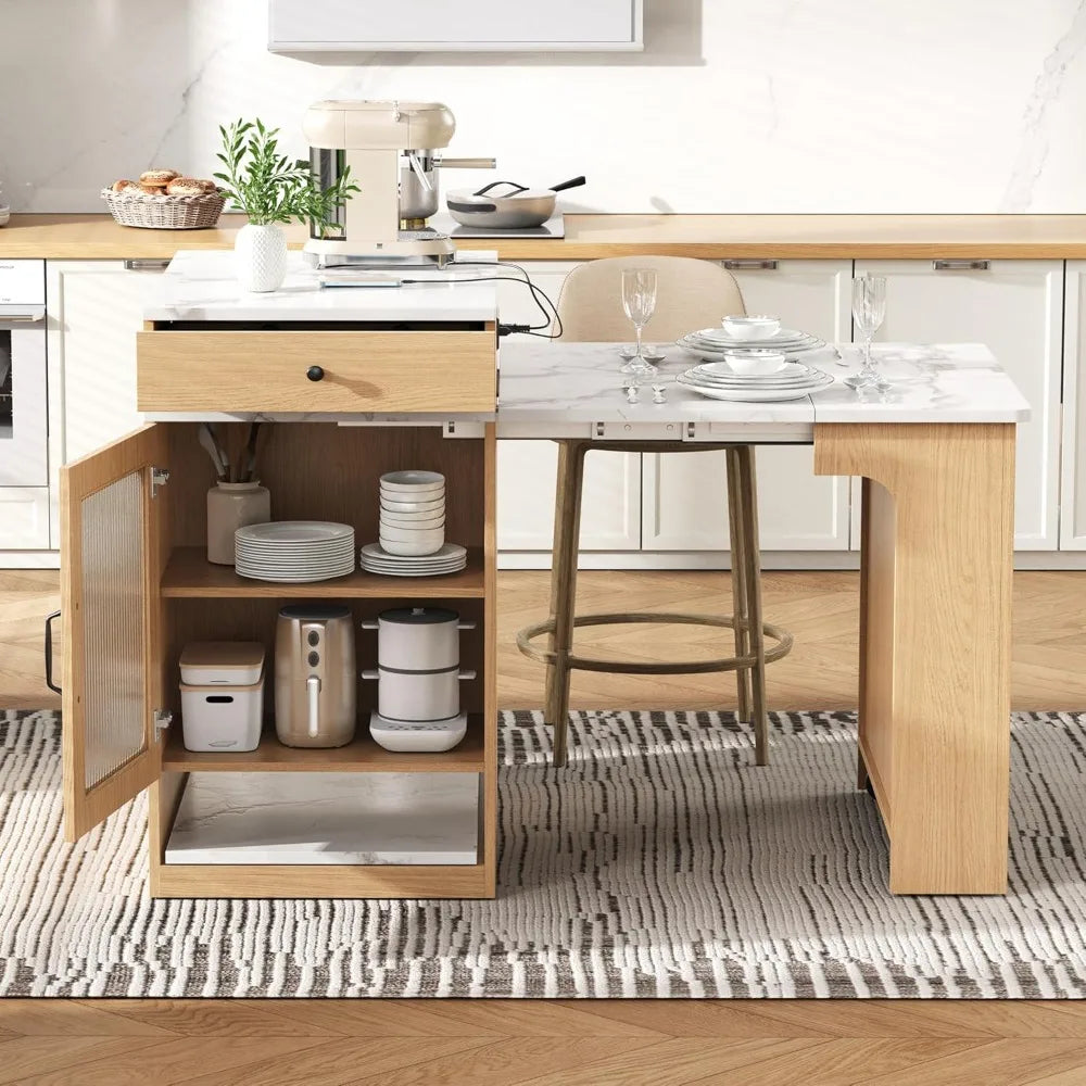 Kitchen Island Extendable Dining Table w/ Charging Station, Dual Storage, Mobile Prep Station, Natural