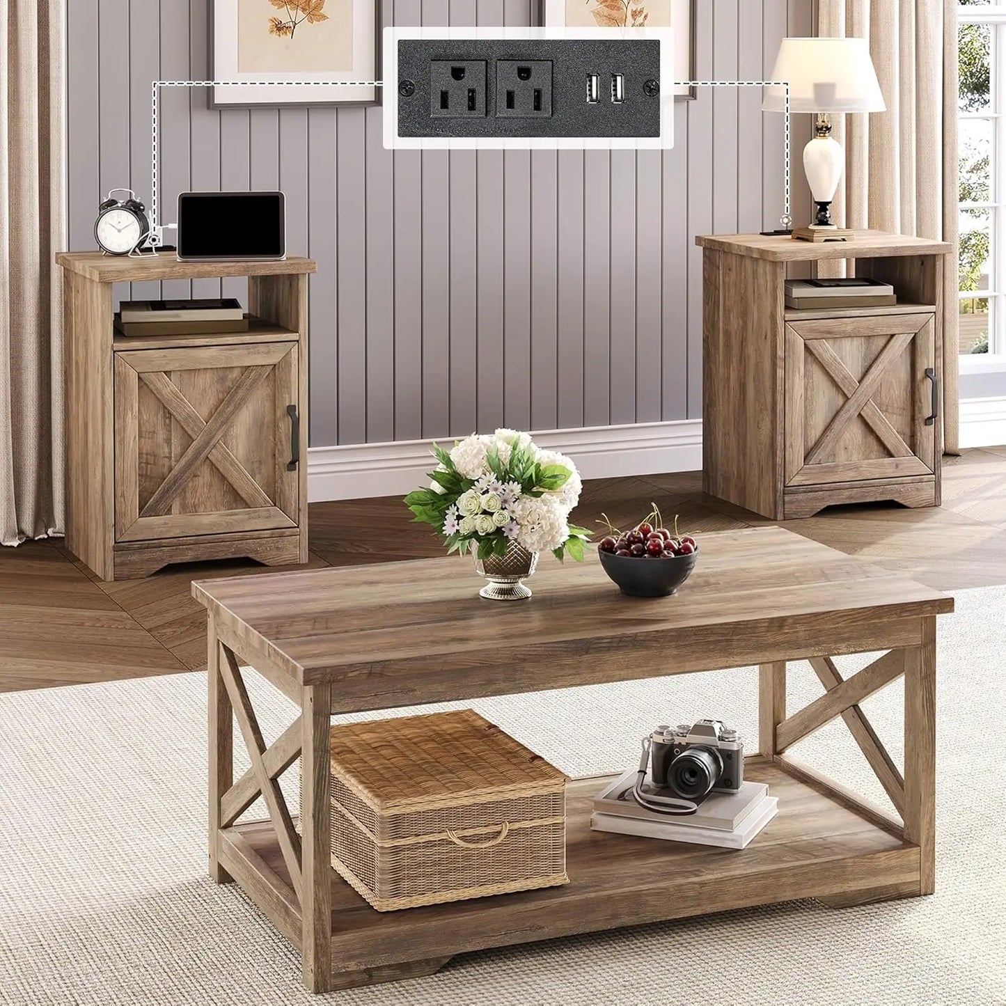 3-Piece Farmhouse Living Room Table Sets, Includes 1 x Coffee Table, 2 x End Tables with Charging Station & USB, Customized