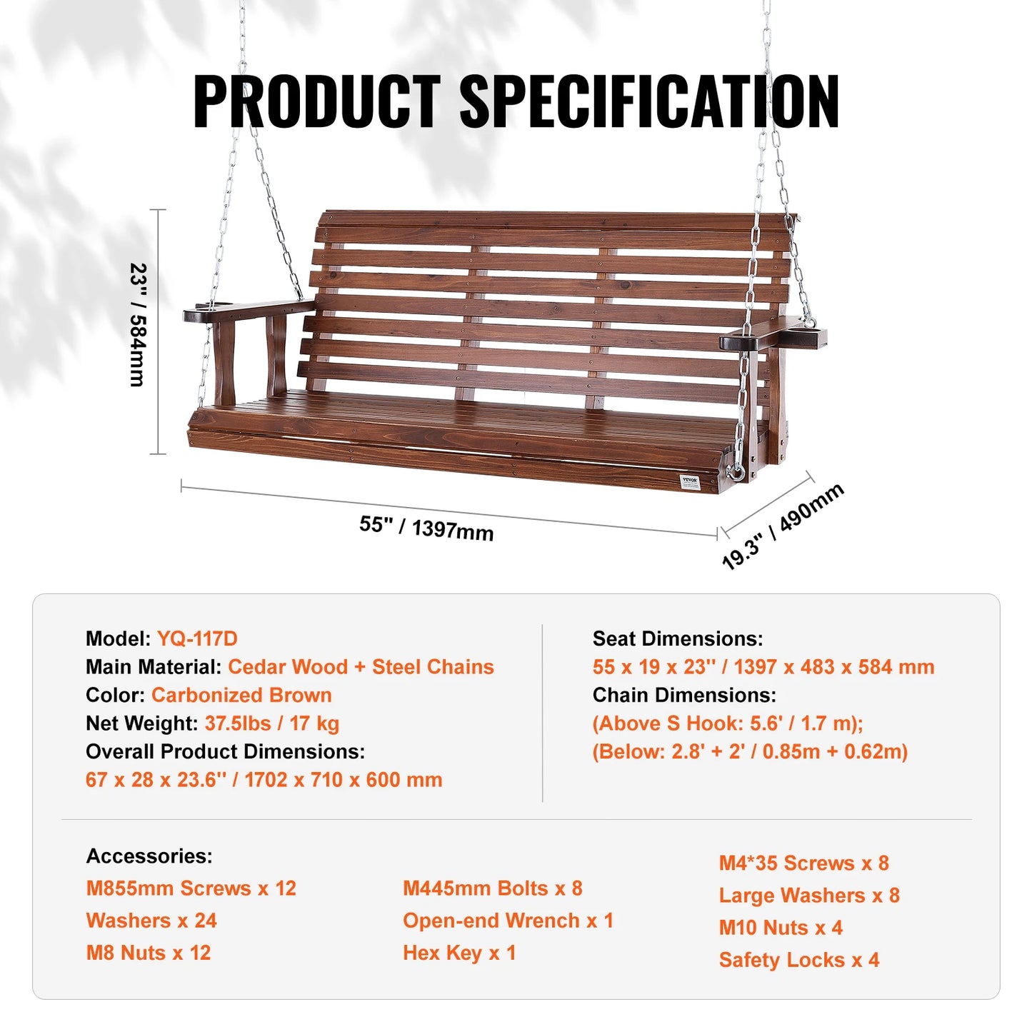 Wooden Porch Swing 5 ft Patio bench swing for Courtyard Garden Upgraded 880 lbs Strong Load Capacity Swing Chair Bench