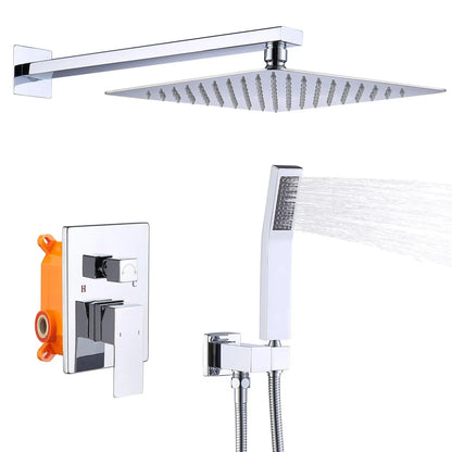 Wall-Mounted Shower System Combo: 10” Rainfall Shower Head & Handheld Faucet, Chrome Finish, Brass