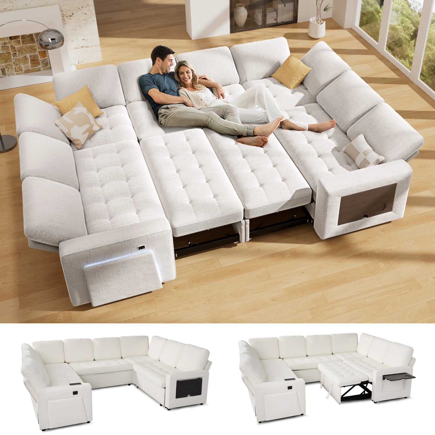 Large U-Shaped Modular Sectional (8-Seat) - Pull Out Bed Sleeper, Reclining Backrest, USB Ports, LED Light, Storage Seat