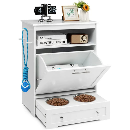 Pet Feeder Station, Dog Food Storage Container with Double Pull Out Dog Bowls, Pet Food Toy Cabinet, Pet Feeding Furniture