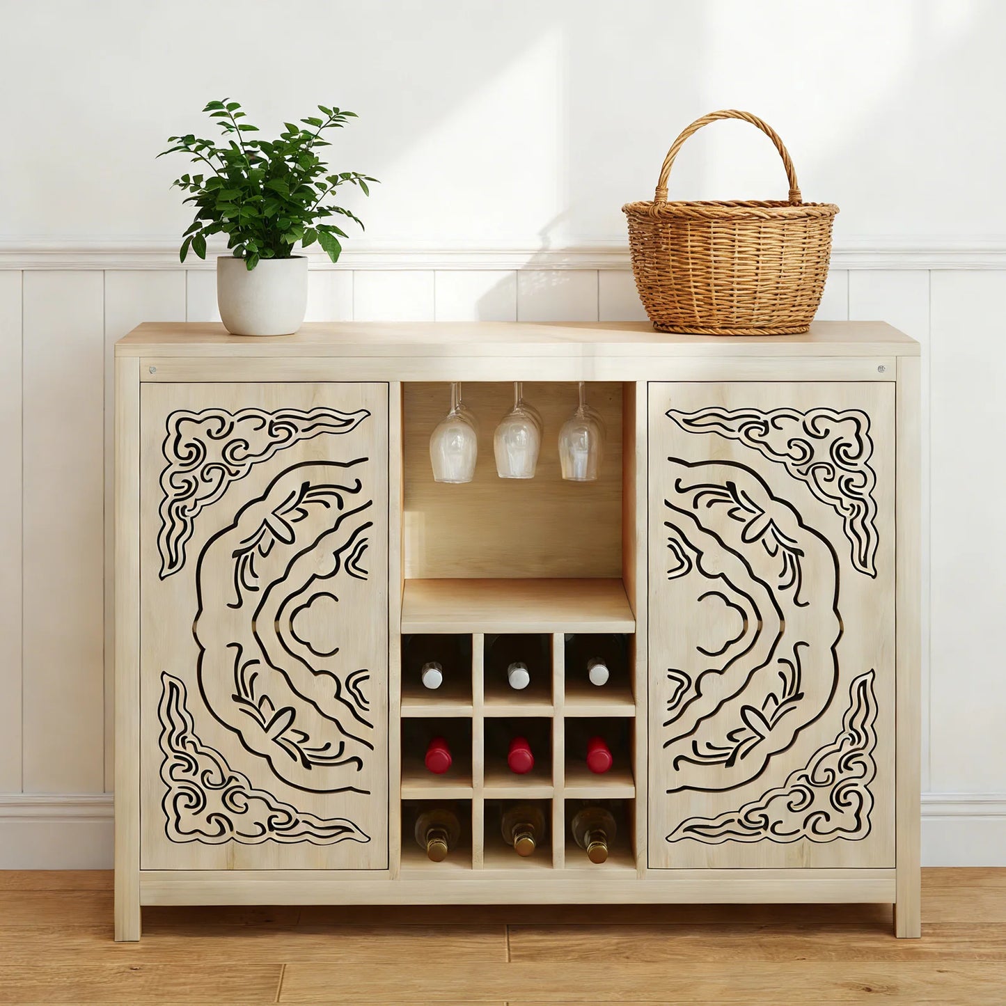 Wine Bar Cabinet with 2 Doors MDF Buffet Storage Liquor Cabinet with Wine Rack Glass Holder for Living Dining Room Kitchen
