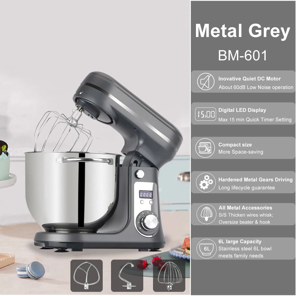 Food Stand Mixer, Blender, Quiet Motor, Cream Egg Whisk, Whip Dough Kneader, 6-Speed, 1200 W, 6 L, DC