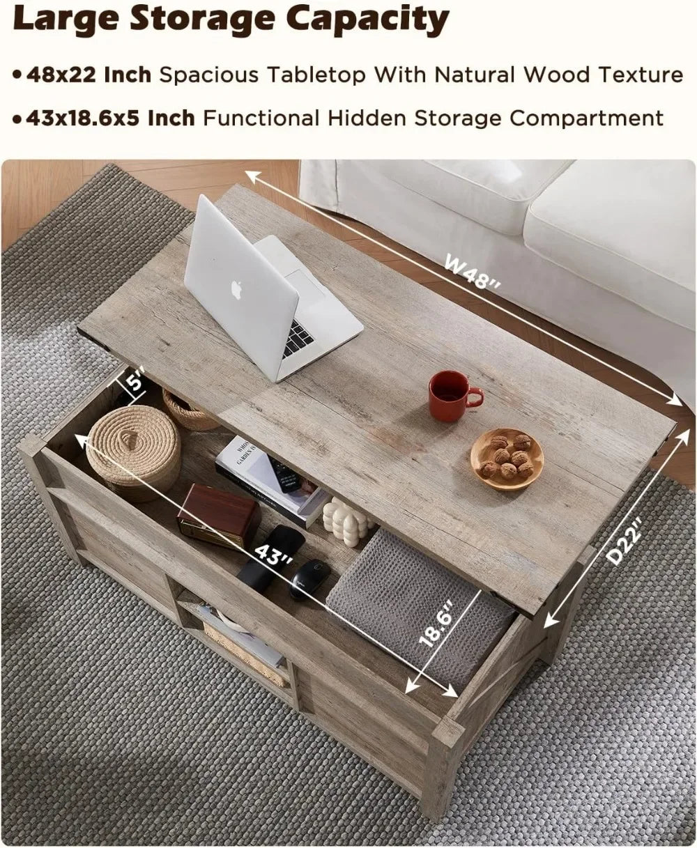 Lift Top Coffee Table with Sliding Barn Door, Rustic Farmhouse Storage Table for Living Room, Adjustable Shelf
