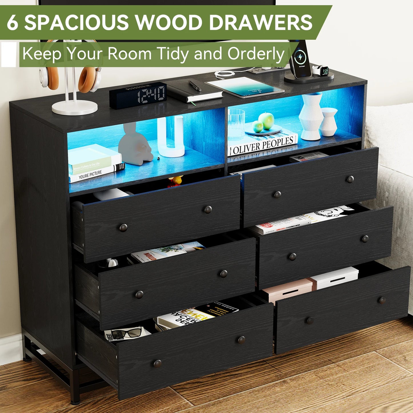 Modern Wooden Chest of Drawers for Bedroom Living Room with LED Light Charging Station 6 Drawers with Open Space Storage