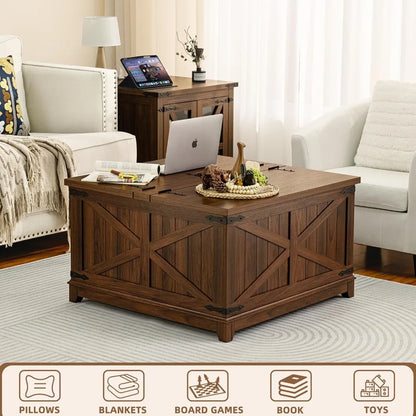Farmhouse Coffee Table with Hidden Storage Space, Wood Square Large Center Table for Living Room, Farm House Rustic Brown
