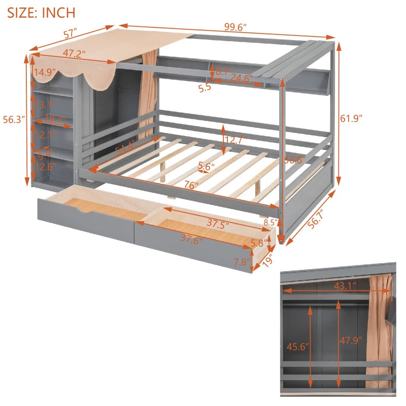 Full size House Bed with Two Drawers and Wardrobe,sturdy construction and Unique design,White/Gray /Natural.