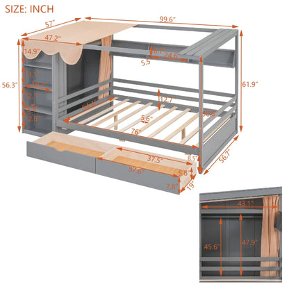Full size House Bed with Two Drawers and Wardrobe,sturdy construction and Unique design,White/Gray /Natural.