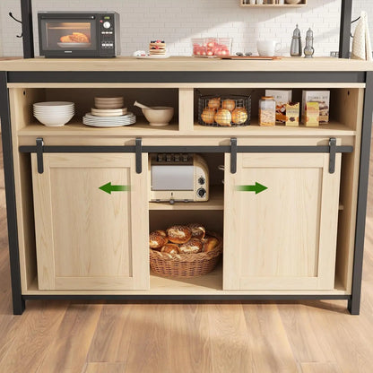 72 inch Tall Kitchen Island with Storage, Bakers Rack with Sliding Barn Door
