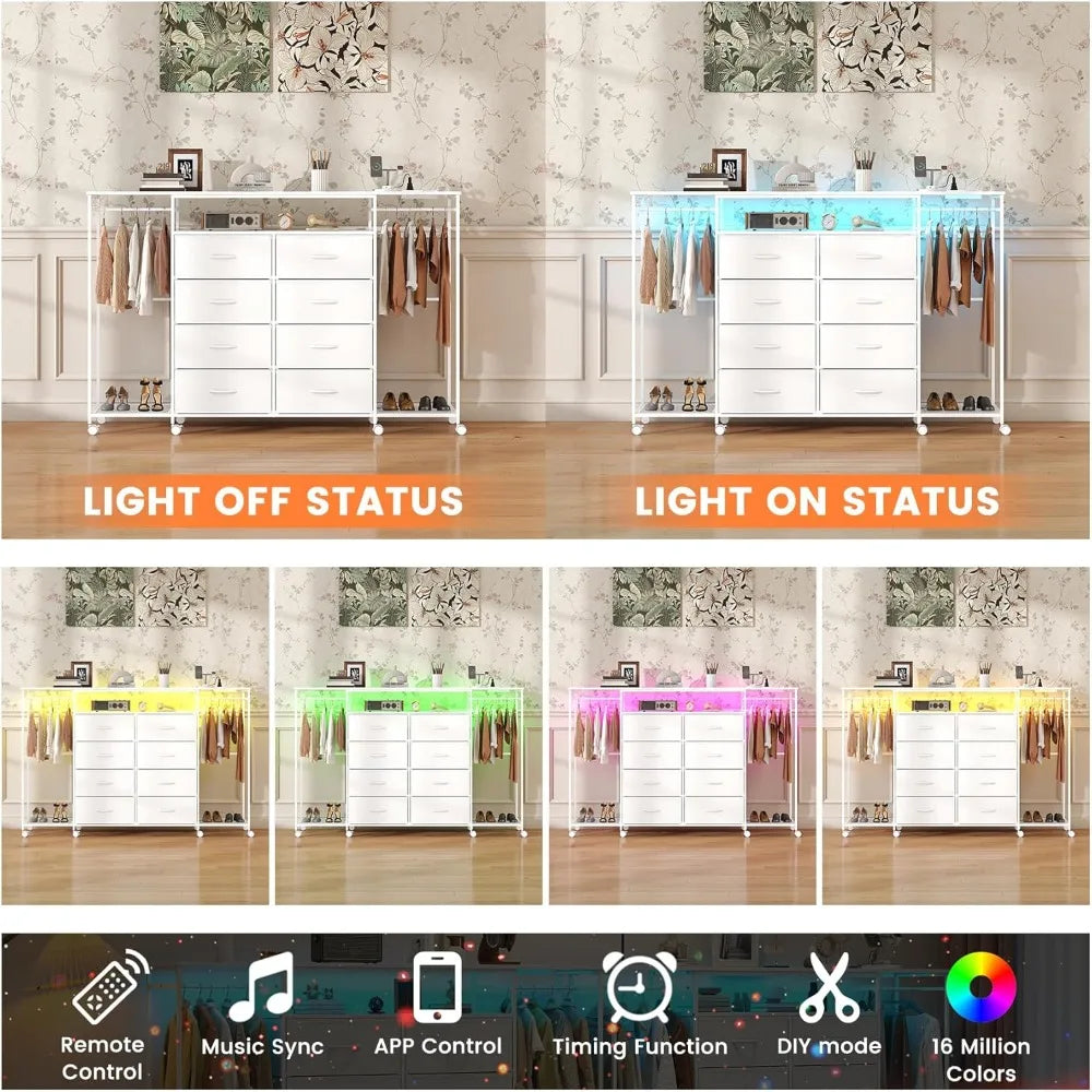 Dresser for Bedroom with Hanging Rack, 8 Drawer Dresser with LED Lights & Charging Station, Fabric Dressers Customized