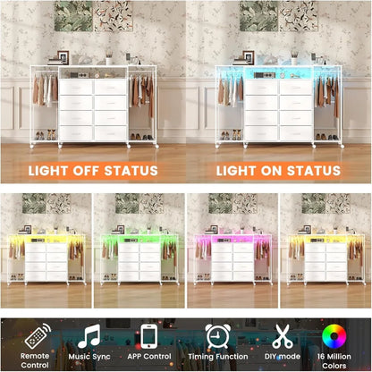 Dresser for Bedroom with Hanging Rack, 8 Drawer Dresser with LED Lights & Charging Station, Fabric Dressers Customized