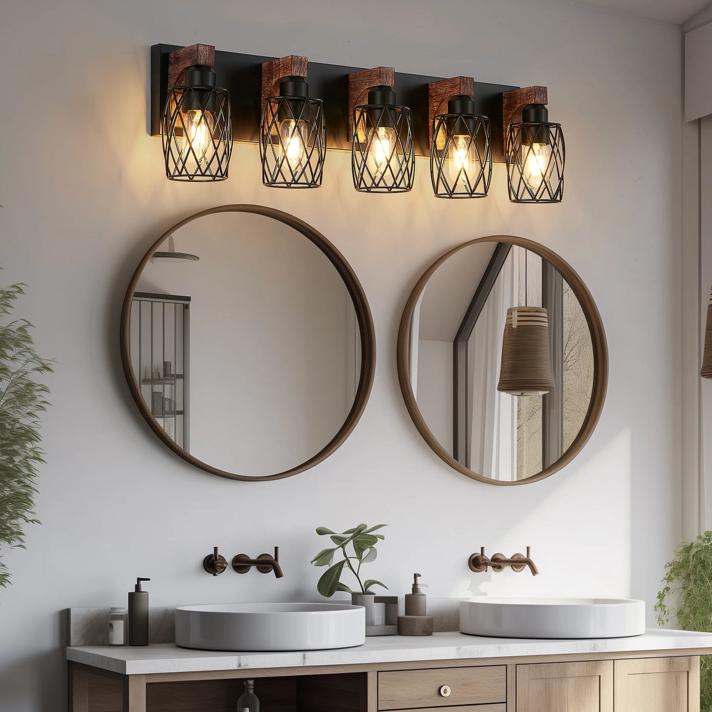 32 Inch 5-Light Vintage Mirror Sconce Black Cage Wall Sconce with Wooden Accents