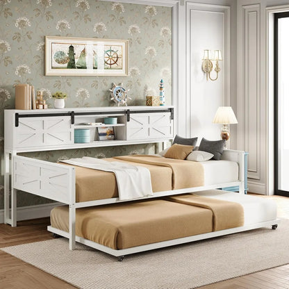 Daybed with Trundle, Rustic Bed Twin with Storage and Charging Station