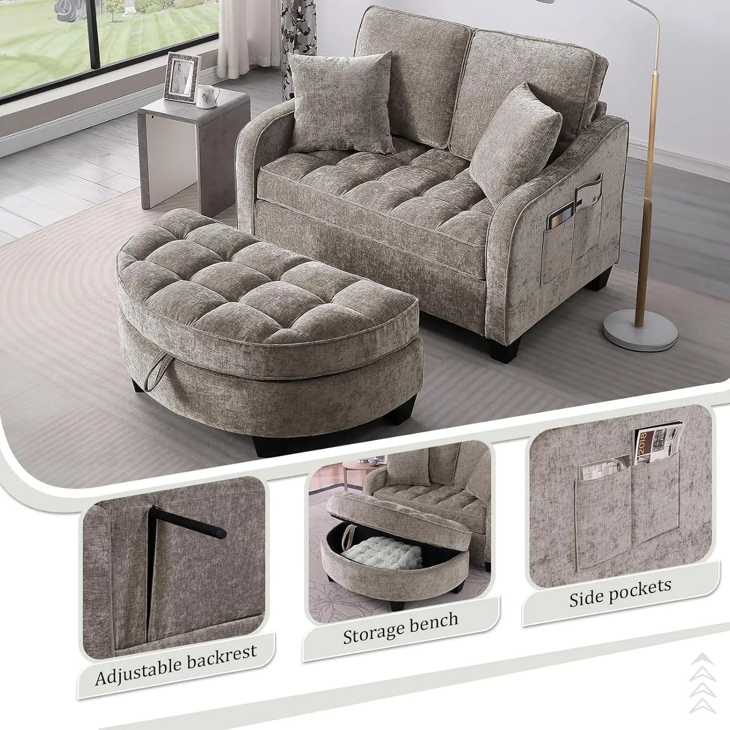 Oversized Curved Chaise Lounge Chair Indoor with Ottoman, 54.8" Cloud Reading Chair Soft Chenille Circle, Customized