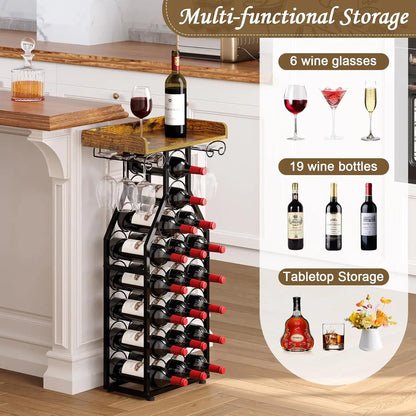 Freestanding Wine Rack with Tabletop and Glass Holder for Home Bar Kitchen Living Room