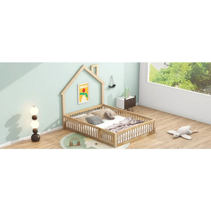 Wood Full Size House Platform Bed with Guardrail