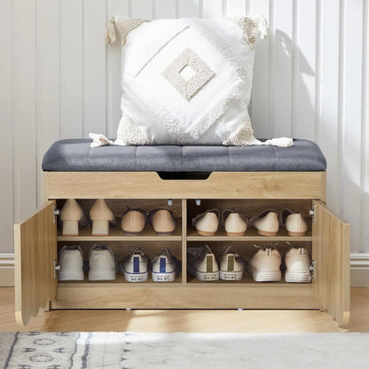 Shoe Storage Bench with Cushion, Entryway Shoe Cabinet Bench with 2 Scalloped Doors & Adjustable Shelf, Customized