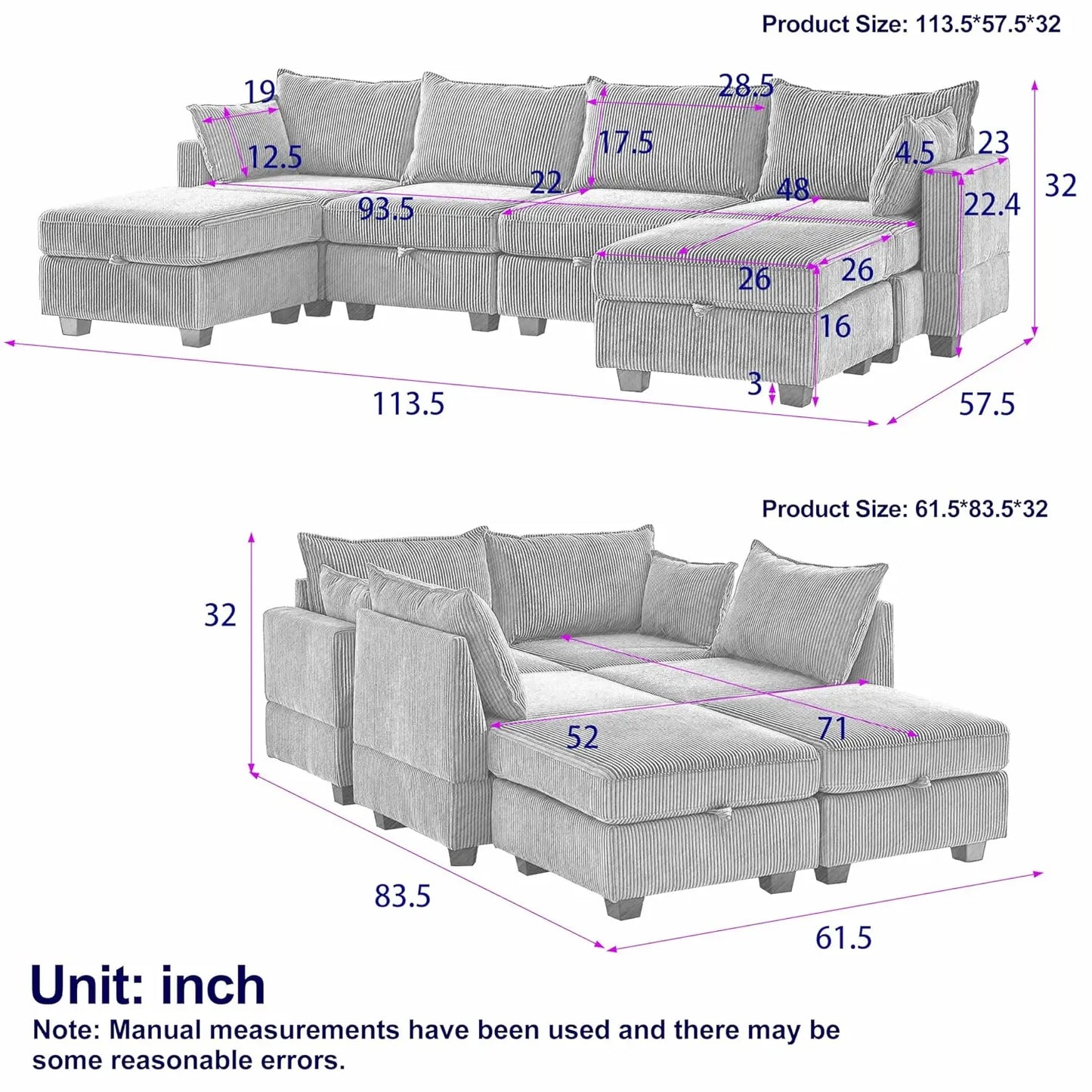 U-Shaped Modular Sectional Sofa with Storage Ottoman, Corduroy Upholstered Convertible Couches with Chaise