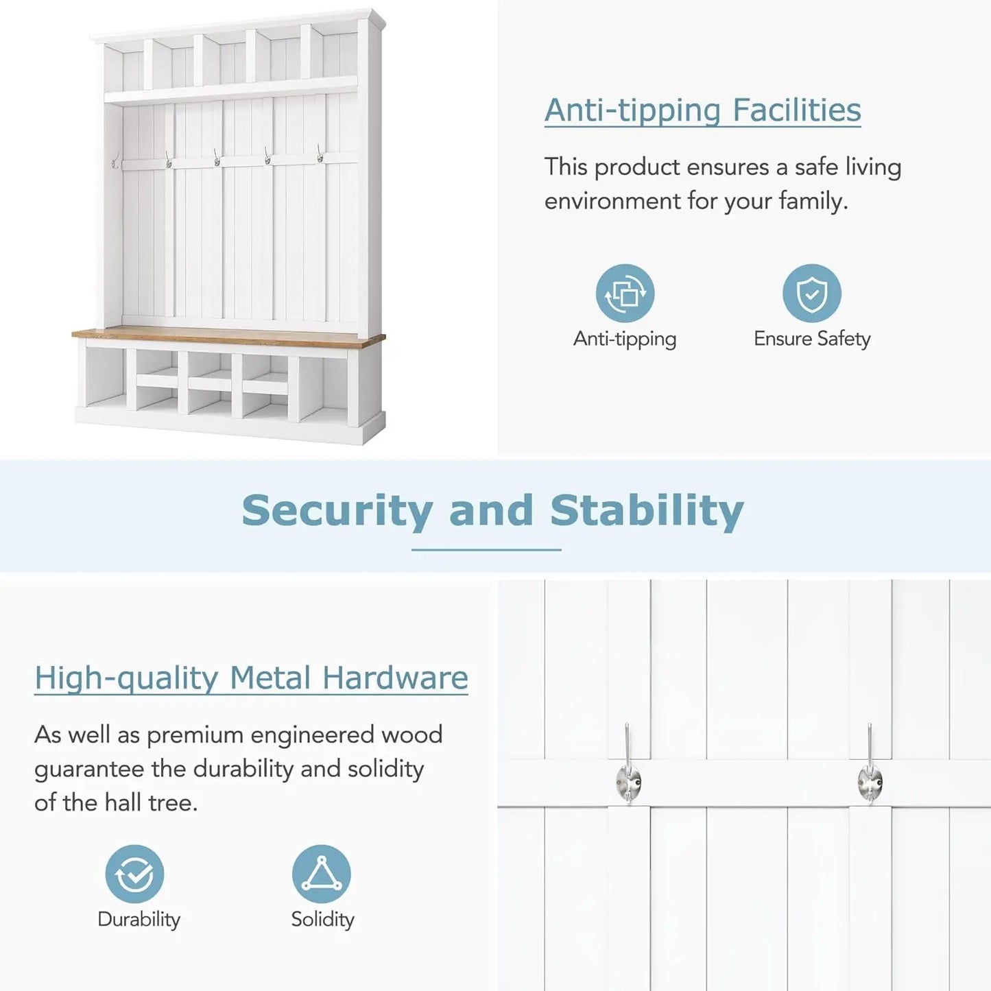Wood Farmhouse Hall Tree with Storage Entryway Bench,  Coat Racks