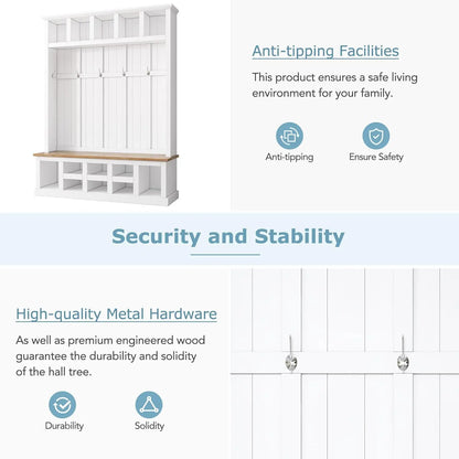 Wood Farmhouse Hall Tree with Storage Entryway Bench,  Coat Racks