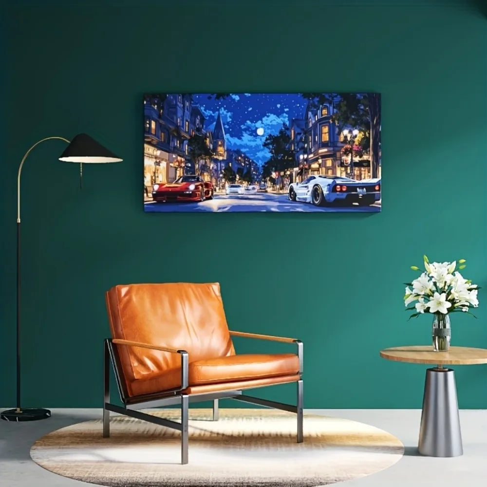 Modern sports car with snow scene art painting, modern poster suitable for interior, 1.5 inch thick solid wood frame