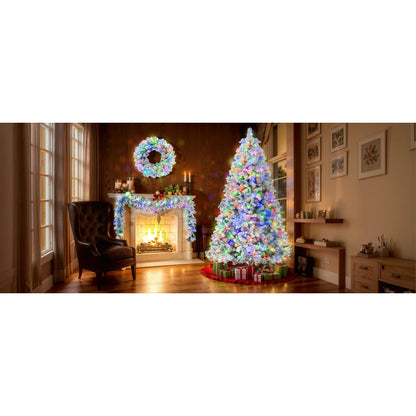 6FT Snow Flocked Pre-Lit Christmas Tree Set: Tree, Garland, Wreath with Colorful LED Lights, 8 Modes, Pine Cones.