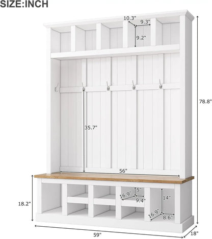 Wood Farmhouse Hall Tree with Storage Entryway Bench,  Coat Racks