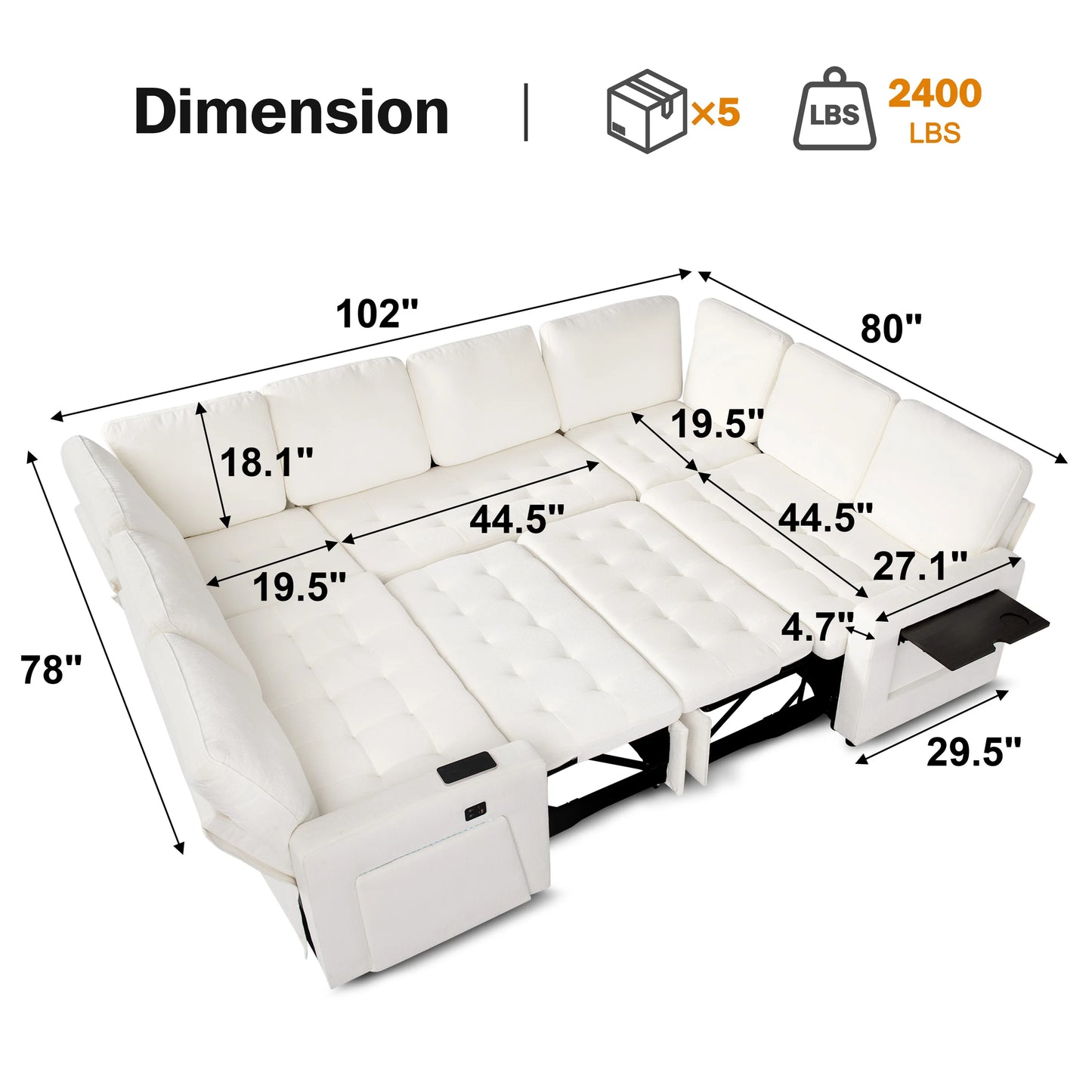 Large U-Shaped Modular Sectional (8-Seat) - Pull Out Bed Sleeper, Reclining Backrest, USB Ports, LED Light, Storage Seat