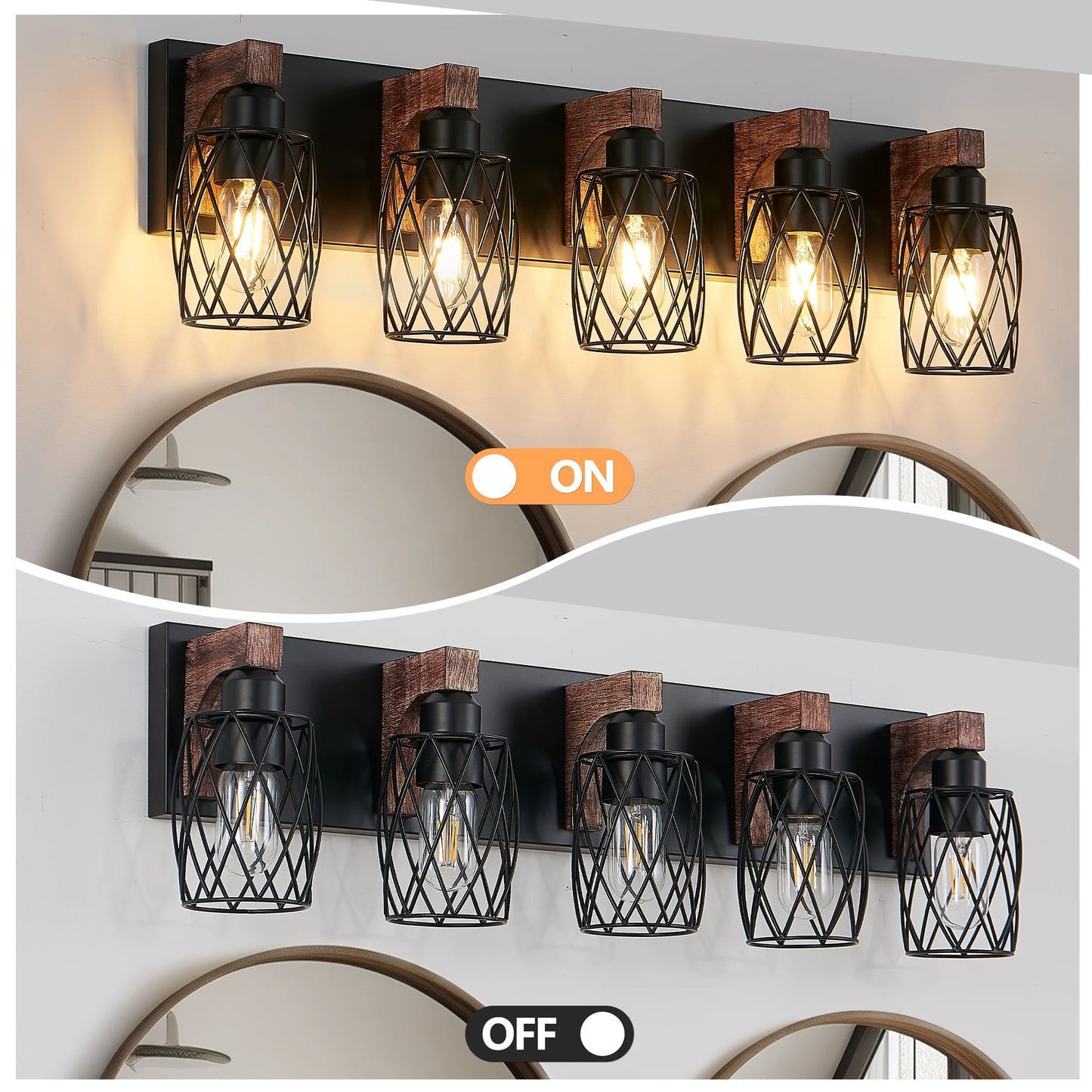 32 Inch 5-Light Vintage Mirror Sconce Black Cage Wall Sconce with Wooden Accents