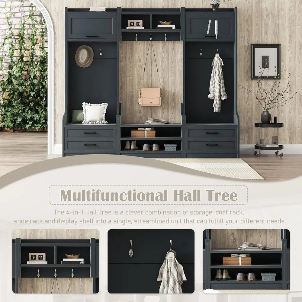 Large Antique Blue 4-in-1 Hall Tree with Bench, Shoe Storage, and 7 Coat Hooks