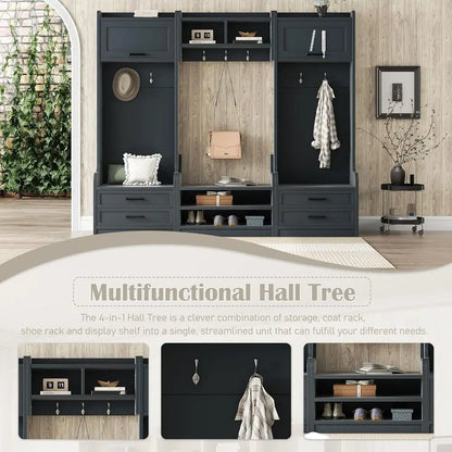 Large Antique Blue 4-in-1 Hall Tree with Bench, Shoe Storage, and 7 Coat Hooks