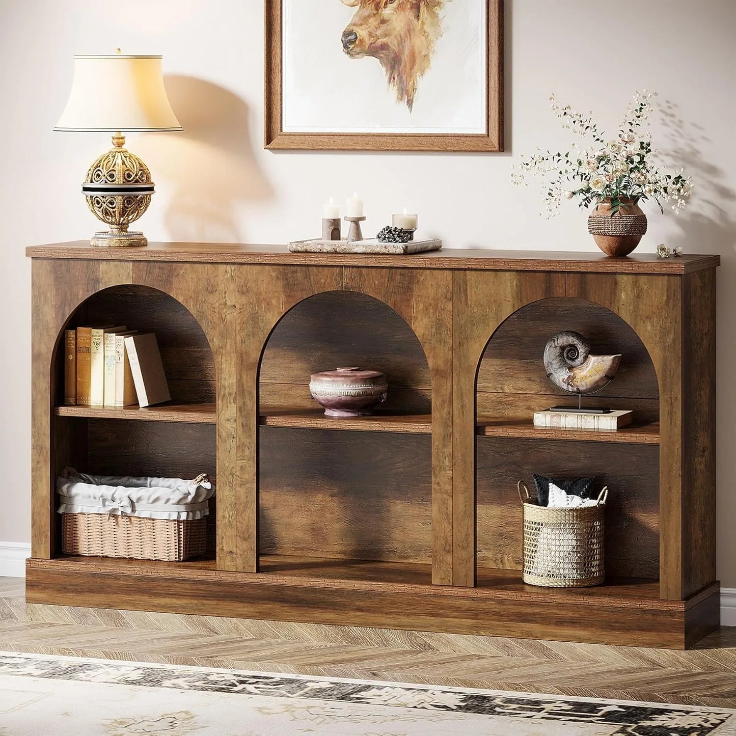 Farmhouse Console Table 63Inch, 3 Tier Storage Wooden Rectangular Sofa Table for Entryway Hallway Living Room Brown