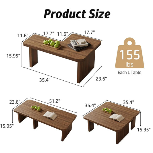 Mid-Century Nesting Coffee Table Set, 2 Adjustable Square Wood Tables, Minimalist Tea Table, Brown