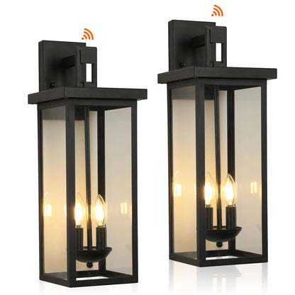 Outdoor Wall Lantern with Dusk to Dawn Sensor Matte Black Finish Clear Glass Panels Weatherproof Exterior Light