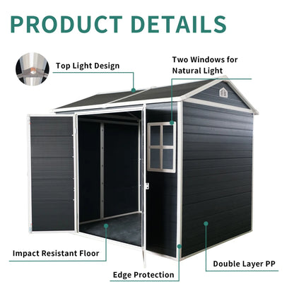 8x6ft Outdoor Resin Garden Shed with Floor and 2 Windows, Plastic Patio Outdoor Storage Shed with Lockable Door for Garden Tools